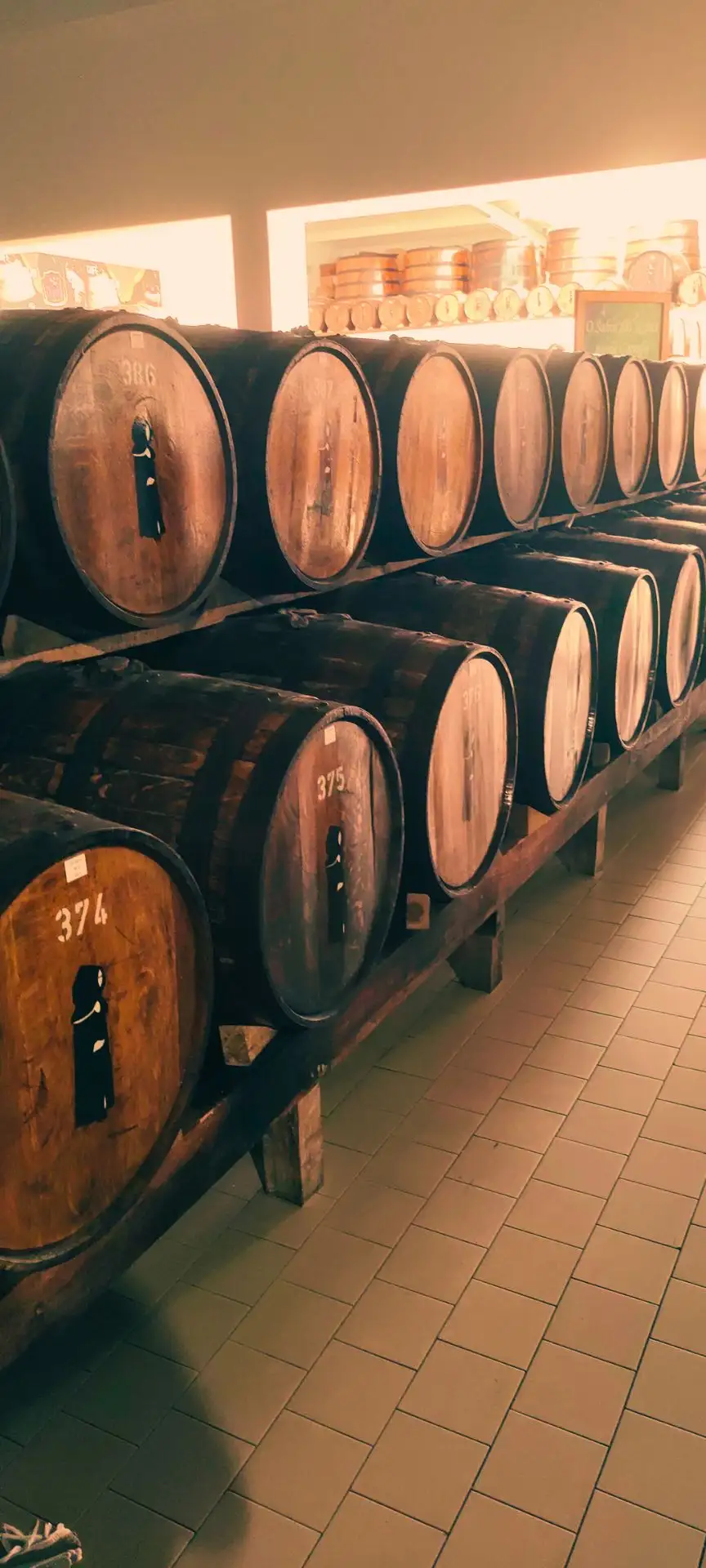 A group of rum oak caskets in two lines.