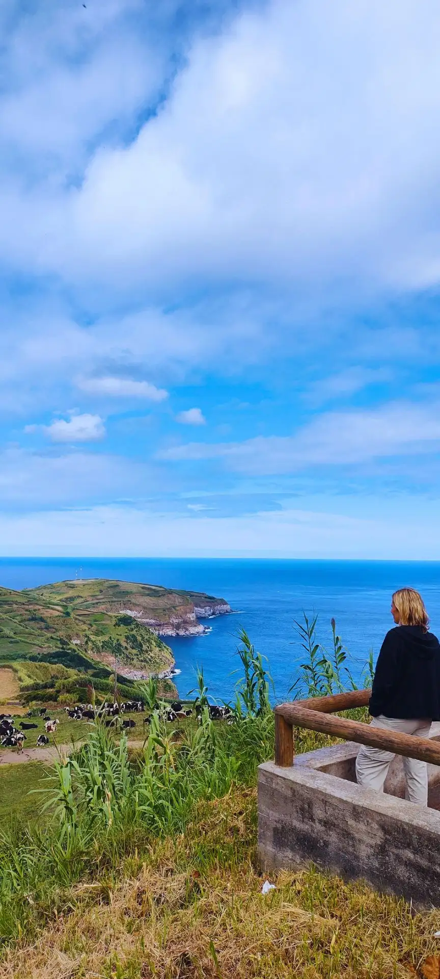 A woman on a viewpoint enjoying the view of the land and ocean.