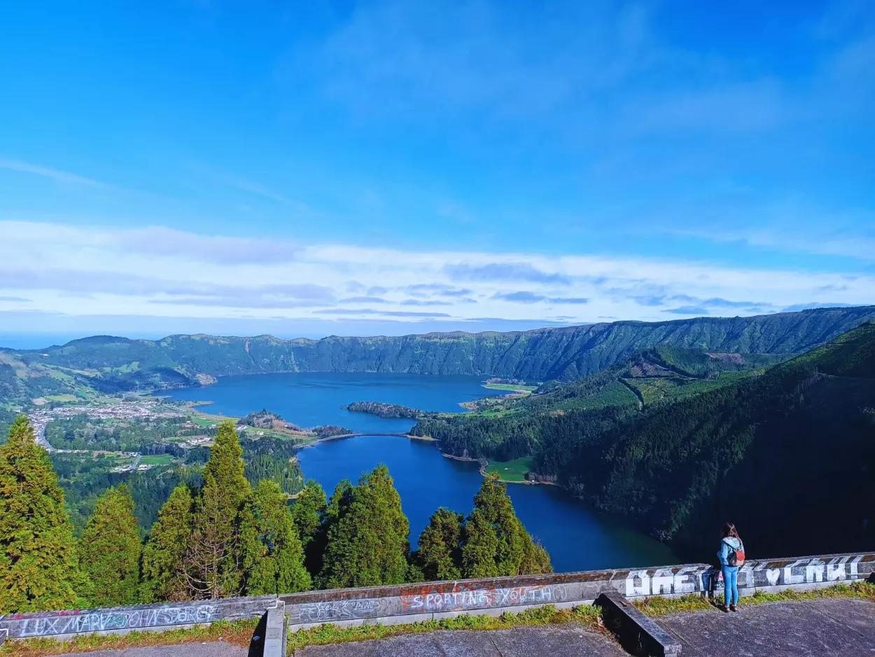 A view of a caldera from the top of a hotel.