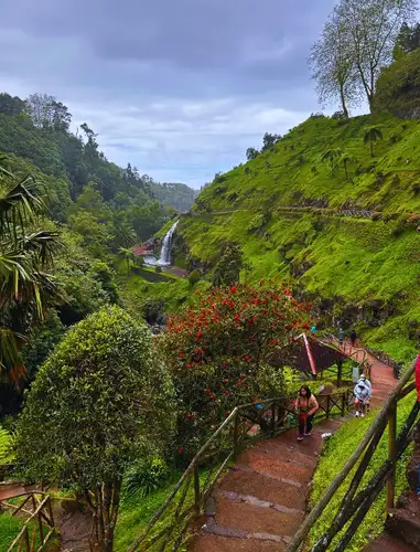 The Ribeira dos Caldeirões valley, a park with plenty of human made waterfalls. Lush vegetation.