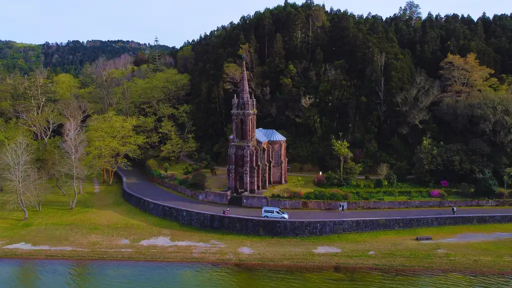 Furnas neo-gothic church by the Lagoon.