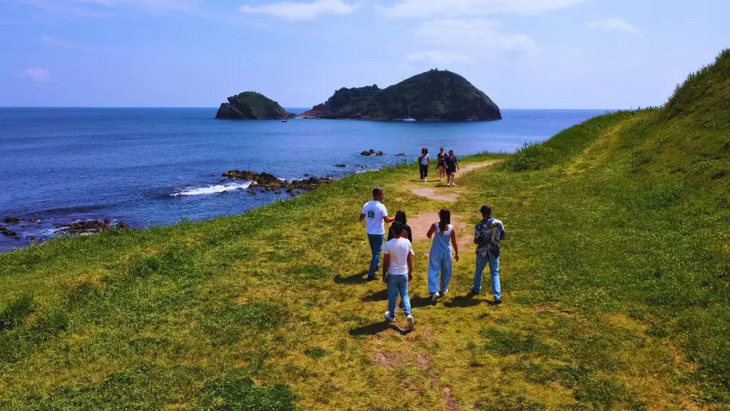A group of people walking along Vila Franca do Campo coastline, with Vila Franca islet on the background.